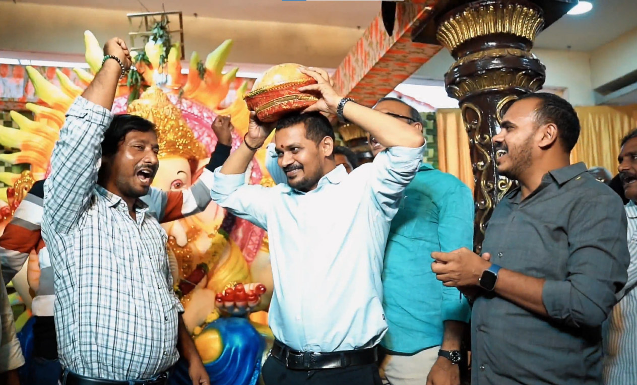Sai Infra Developers team celebrating Vinayaka Chavithi and Vinayaka Nimajjanam 2026 with employees, directors and the marketing team in Visakhapatnam
